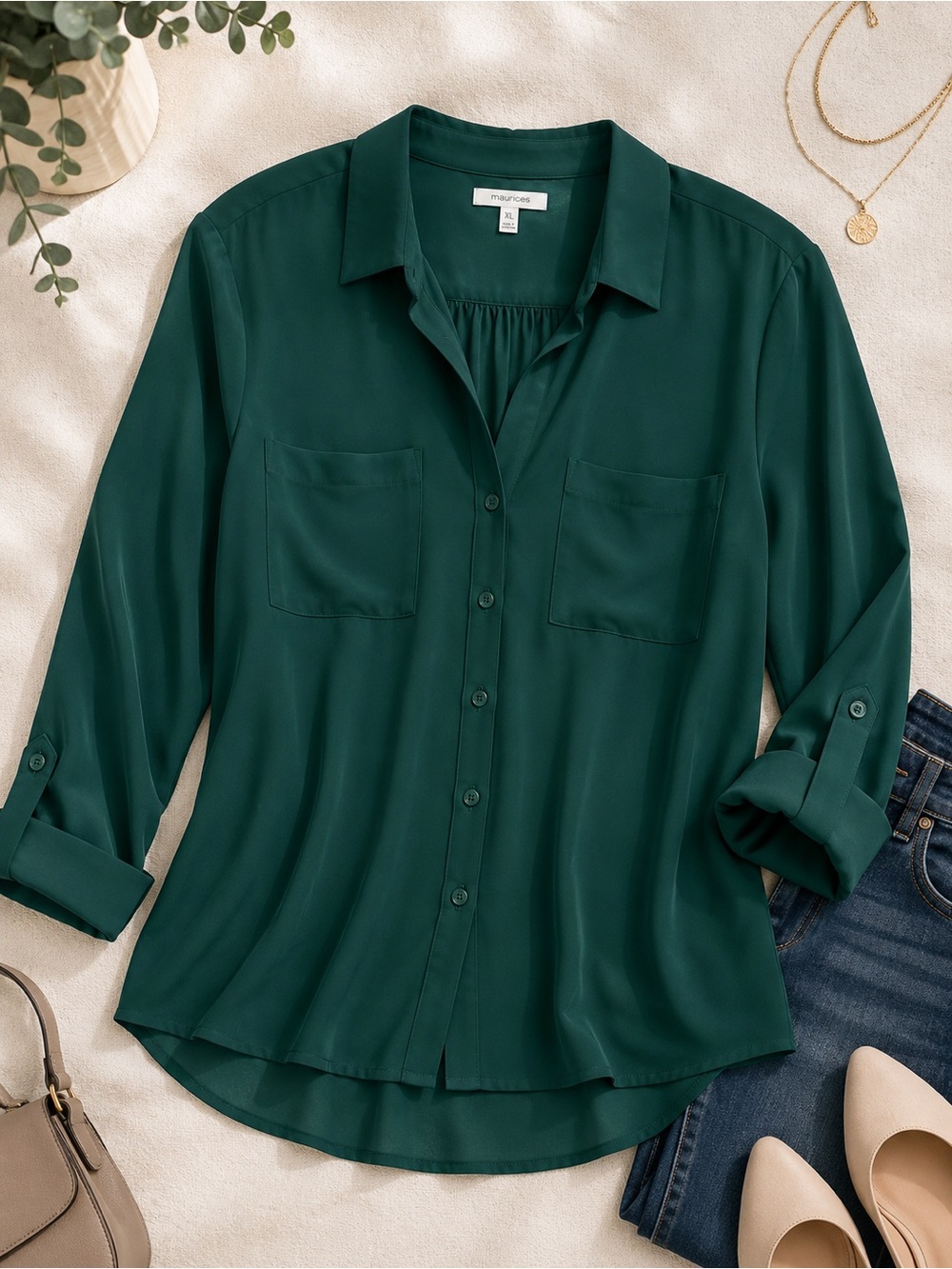 Maurices Emerald Green Button Front Blouse XL Roll Tab Sleeve Career Top